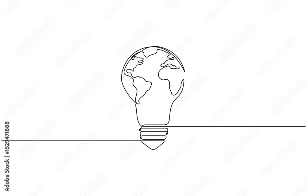 Poster continuous line drawing of light bulb with earth globe inside, earth globe inside lightbulb in one c
