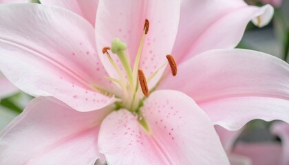 Close-up of a soft pink lily flower with visible stamen and pistil against a blurred green background