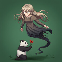A semitransparent girl with long blonde hair in a dark dress is depicted above a panda offering a red poppy.  The girl appears upset.