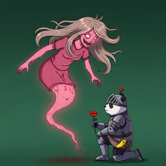 A pink ghost-like female figure with long hair observes a kneeling, armored panda offering a red flower.