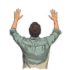 Rear view of a man with brown hair, wearing a green shirt, raising both arms.