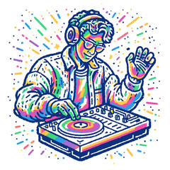 Shinning dj in action with turntables, colorful sparking background