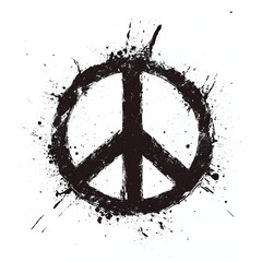 A peace symbol is depicted in black paint, surrounded by splatters on a white background.  The symbol is bold and centrally positioned.