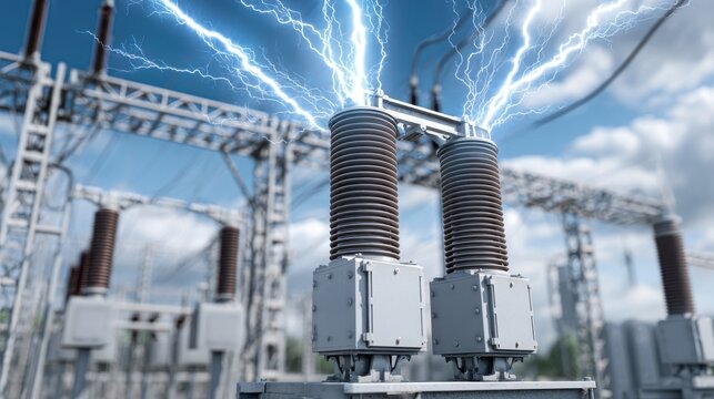 Electrical substation equipment with lightning strikes, high-voltage apparatus at power plant during storm.