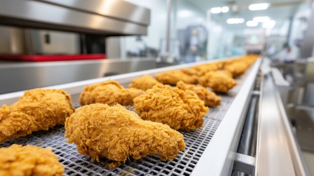 Breaded chicken pieces on a conveyor belt, in a food processing facility, ready for packaging.