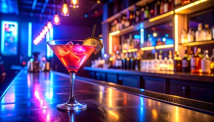 Cocktail on Bar in Nightclub with Neon Lights and Bottles Background