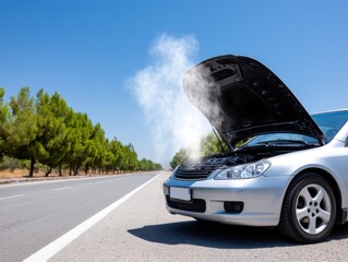 Overheated car with open hood emitting steam on roadside, broken down vehicle on sunny day with smoke.