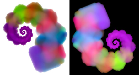 Rainbow blurred air spirals spin on white and black backgrounds. Set. Graphic design elements. 3D rendering. 3D illustration.