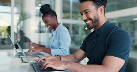 Coworking, laptop and thumbs up with business man at desk in office for report or research. Computer, smile and typing with employee people in workplace together for productivity as colleagues - Powered by Adobe