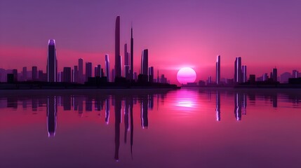 Fototapeta premium A vibrant, futuristic city skyline reflecting in the calm waters at sunset, creating a serene and visually striking scene.