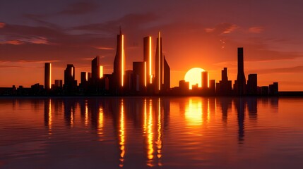 A futuristic urban skyline silhouetted against a vibrant sunset, with towering glass and steel skyscrapers reflecting in the calm waters below.
