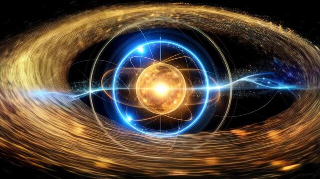 Energetic atom core surrounded by spinning universe and particle beams, a vibrant depiction of atomic energy and quantum physics.