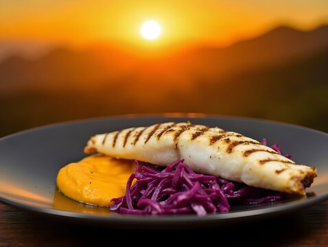 Grilled white fish fillet sits on a dark plate with purple cabbage and orange puree near a blurry sunset background.
