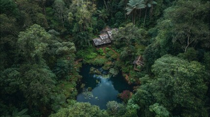Secluded Jungle Haven: Aerial View of Tranquil Pond and Rustic Cabins Nestled in Lush Rainforest