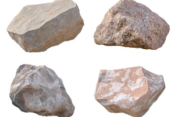 Assortment of four beige rocks in various shapes and sizes on a transparent background.
