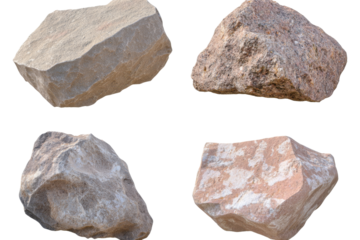 Assortment of four beige rocks in various shapes and sizes on a transparent background.
