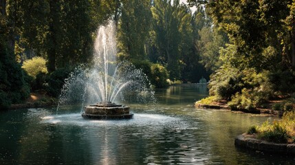 Serene Fountain in a Lush Green Park