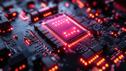 Obraz premium Close-up of a glowing microchip on circuit board