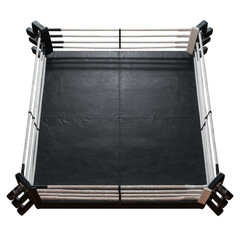 Overhead view of an empty wrestling ring with a black mat and white ropes on a black background