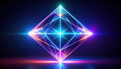 Glowing geometric diamond shape in dark space, radiating light with neon edges and central starburst effect