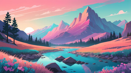 Sunset Valley Landscape – Stylized Nature Scene with Reflective River and Mountains