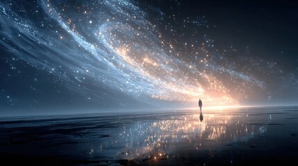 A lone figure stands by a reflective water surface under a breathtaking night sky filled with glowing stars and cosmic light streaks.