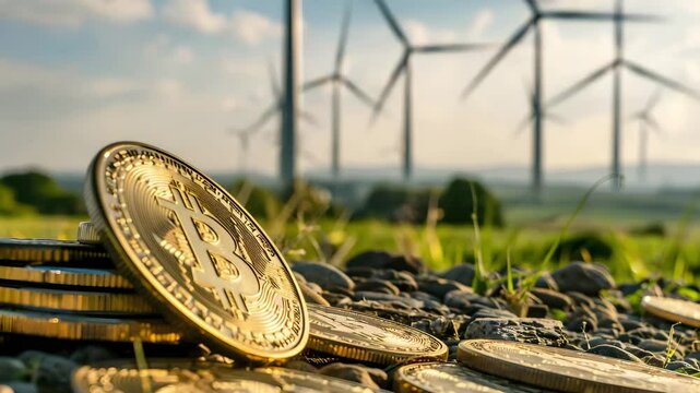 Golden cryptocurrency coin and bitcoin rocky ground with wind turbines background symbolizing sustainable renewable energy and outdoor finance - Powered by Adobe