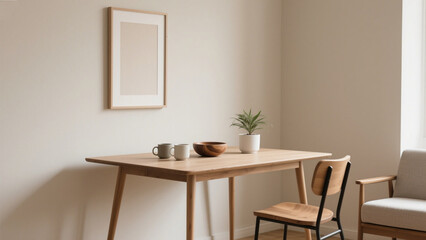 Dining room features a wooden table with plant and mugs