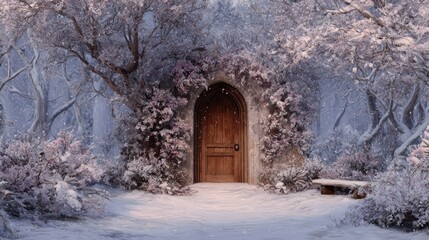 Enchanted Winter Doorway: A snowy forest path leads to a mysterious wooden door nestled within a snow-covered archway, inviting exploration and wonder.