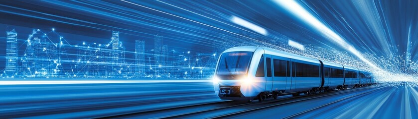 Naklejka premium Train journey through vibrant city at night captivating urban scene