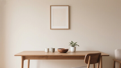 Dining room features a wooden table with decor and a framed picture on wall