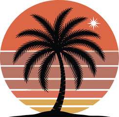 Palm tree silhouette on tropical beach at sunset with ocean view