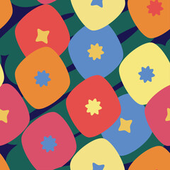 Seamless pattern with geometric orange, red, pink, yellow, blue flowers with stars on dark blue background with green line. Could be used as print, wallpaper, textile, card, paper, texture. 