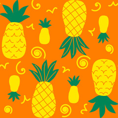 Seamless pattern with yellow pineapples with green leaves  on orange background with yellow funny elements. Could be used as print or wallpaper, textile, card, wrapping paper.
