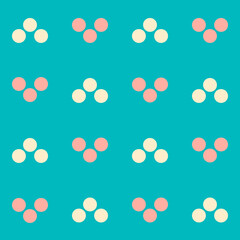 Seamless abstract pattern with circles on turquoise background, yellow and pink geometric  elements with limited palette. Could be used as print, textile, fabric, wallpaper, paper, texture. 