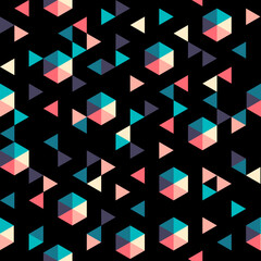 Seamless geometric pattern in triangular grid with limited 6 colors palette. Retro pink, yellow, blue and purple triangles and diamonds  on black background. Could be used as texture, wallpaper, print