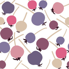 Seamless pattern with serviceberry in pink, yellow, blue and purple colors on white background. Colorful simple berries could be used as print for  textile, card, wallpaper, wrapping paper.
