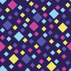 Seamless pattern with geometric simple shapes in retro colors, pink, blue, yellow, purple diamonds on dark purple background, 5 colors. Could be used as texture, print, wallpaper, textile, paper.