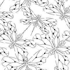 Seamless pattern with monochrome detailed dragonflies, black outlines on white background. Could be used as print for textile, wallpaper, card, texture. 