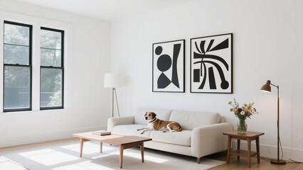 Dog relaxes on a couch in a modern living room with abstract art