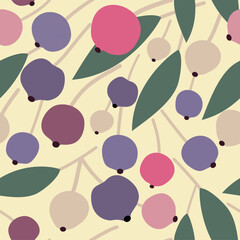 Seamless pattern with serviceberry in pink, yellow, blue and purple colors on yellow background with green leaves. Colorful simple berries could be used as print for  textile, card, wallpaper. 