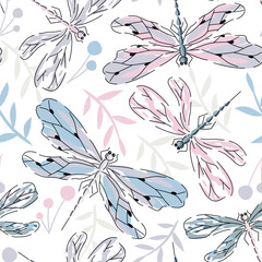 Seamless pattern with colorful pastel  detailed blue and pink dragonflies, with leaves and flowers on white background. Could be used as print for textile, wallpaper, card, texture. 