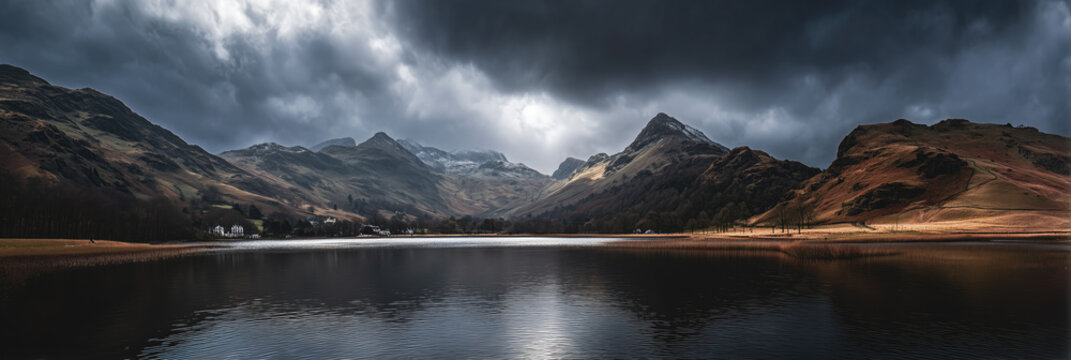 Moody Mountain Lake at Dusk with Storm Clouds and High‑Contrast Reflection