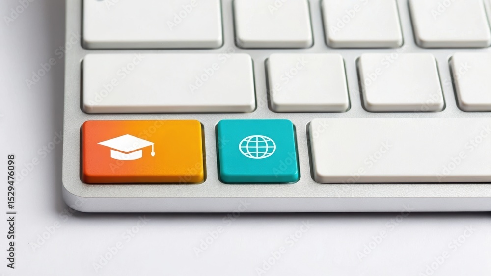 Poster a close-up of a keyboard with two colorful keys: one orange with a graduation cap icon and one blue 