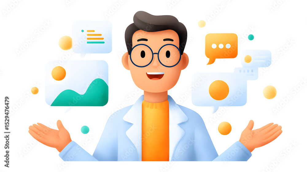 Poster a cheerful man in glasses and a lab coat interacts with floating chat bubbles and digital icons, sym