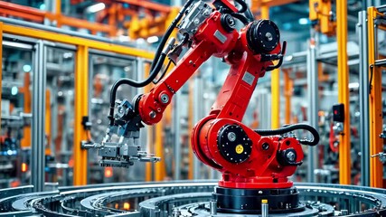 Industrial robotic arm performing automated assembly operations on factory production line. Red robot machinery with precision control systems for manufacturing processes and quality efficiency. - Powered by Adobe