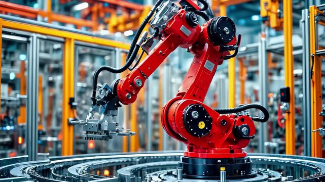 Industrial robotic arm performing automated assembly operations on factory production line. Red robot machinery with precision control systems for manufacturing processes and quality efficiency.