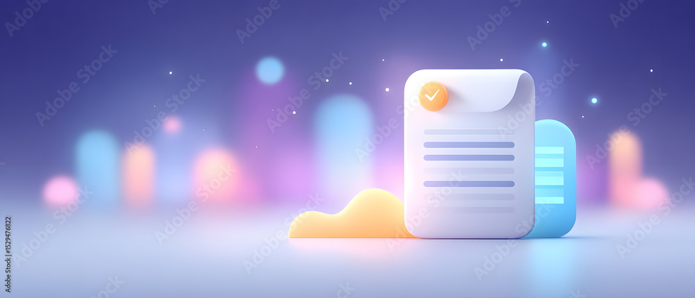 Poster a futuristic 3d digital document with a checkmark floats in a glowing, abstract environment with sof