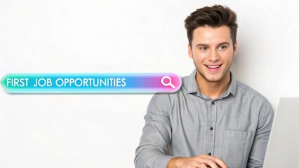 A smiling young man looks excited while searching for "First Job Opportunities" on his laptop, symbolizing career beginnings and job hunting online.