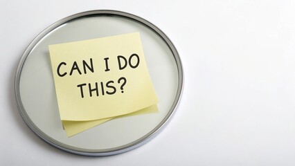 A sticky note with "CAN I DO THIS?" written on it is placed inside a round mirror on a white background.